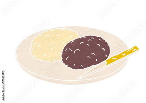 皿にのせたきな粉と粒あんのぼたもちのイラスト（版画風）