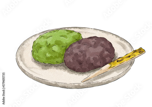 皿にのせた抹茶と粒あんのぼたもちのイラスト（水彩風）