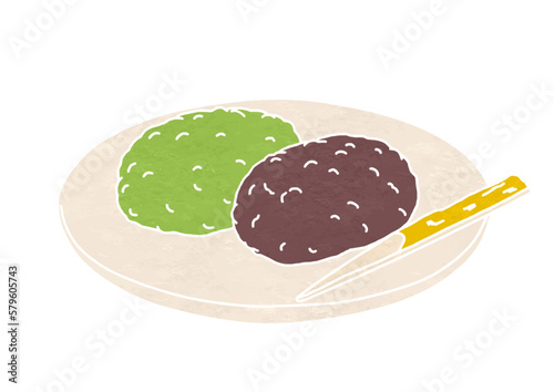 皿にのせた抹茶と粒あんのぼたもちのイラスト（版画風）