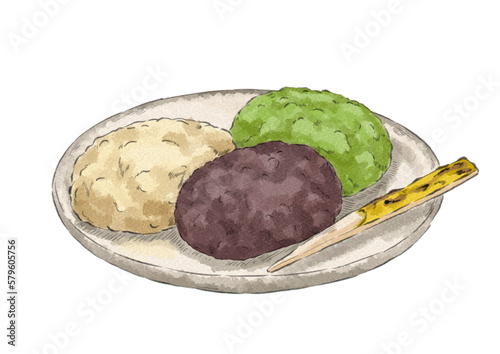 皿にのせた三種類のぼたもちのイラスト（水彩風）