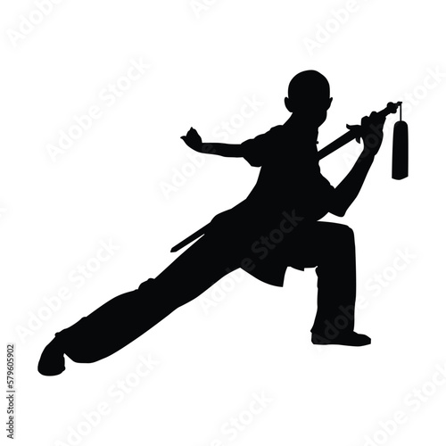 A silhouette of a girl in a wushu pose is engaged in the sport of shaolin with a sword. Vector illustration icon