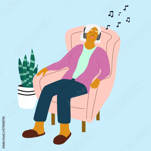  Elderly woman listening the music and relaxing . Concept of health care, happiness, goodmood of elderly people . Harmony and Balance life on the retirement. Flat Vector illustration