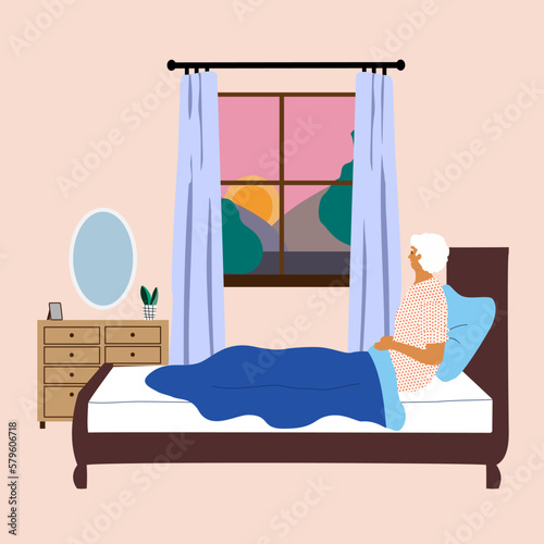 Sad old woman lying in the bed at nursing home or hospital.  Elderly old people help and care service, happy retirement concept. Cartoon Vector Illustration.