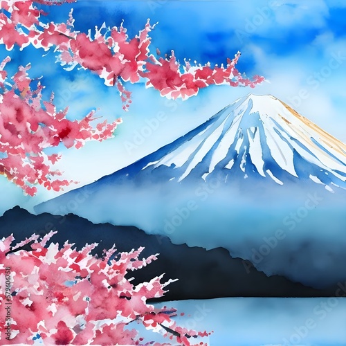 mount fuji behind sakura tree watercolor painting art illustration