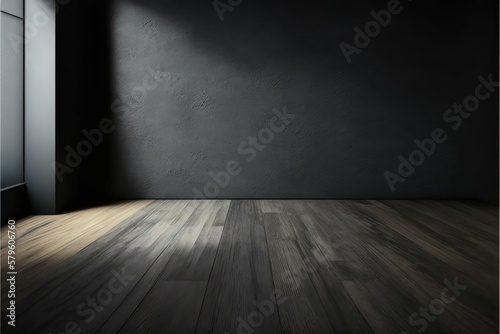 Wooden floor and dark plaster wall background for montage product display or design key visual layout. , hyperrealism, photorealism, photorealistic.