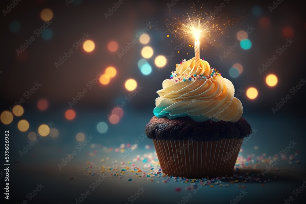 Delicious birthday cupcake with burning candle and space for text on blurred lights background