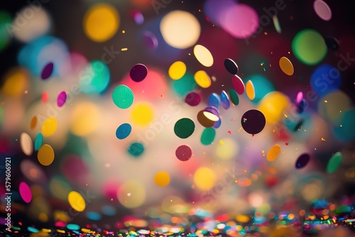 Colorful confetti in front of colorful background with bokeh for carnival
