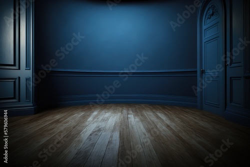 Dark blue wall in an empty room with a wooden floor © Azar