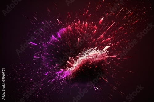 Image of red and pink particles moving in purple light on black background