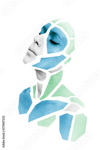 Portrait of person with shape of gray and blue polygons on face, neck, shoulders. Geometrical pattern isolated on white background.