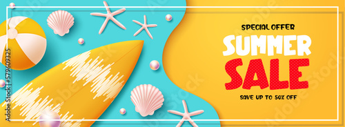 Summer sale vector banner design. Summer sale text with special offer up to 50 % off discount promotion. Vector illustration summer sale promo.
