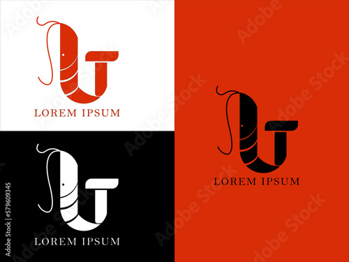 shrimp logo whit latter T can used for restaurant, business, or food brand