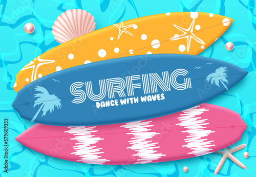 Summer surfing vector design. Surfing dance with waves text in surfboard element for summer activity. Vector illustration summer surfing design.
