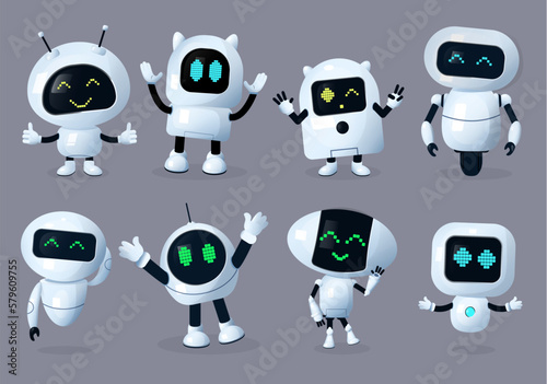 Robots character vector set design. Robotic characters isolated for robot cyborg digital ai collection. Vector illustration robot retro character. 
