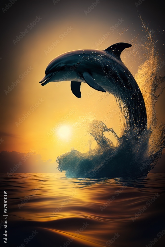 Fototapeta premium illustration, a dolphin jumping out of the water, generative ai