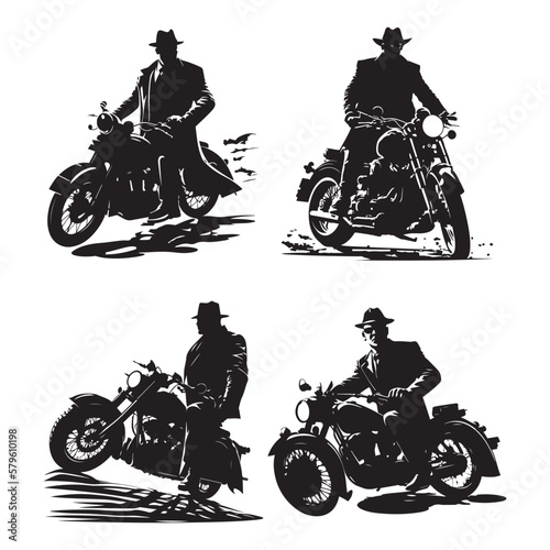 Mafia riding motorcycle, bike vector black silhouette isolated on white background. Detective on motorcycle Silhouette icon, logo vector