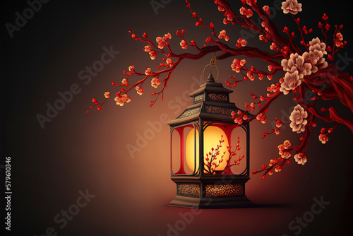 chinese traditional red festival background with a chinese red plum blossom in the upper left corner of the background, lantern, spring festival