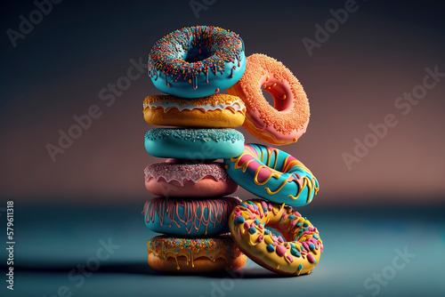 a stack of delicous donuts, in front of a plain background that has been splashed with icing