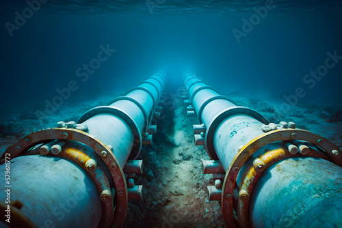Gas pipeline under water, metal composite plastic material pipes at the bottom of the sea. The concept of oil gas pipeline, gas transportation. Generative AI