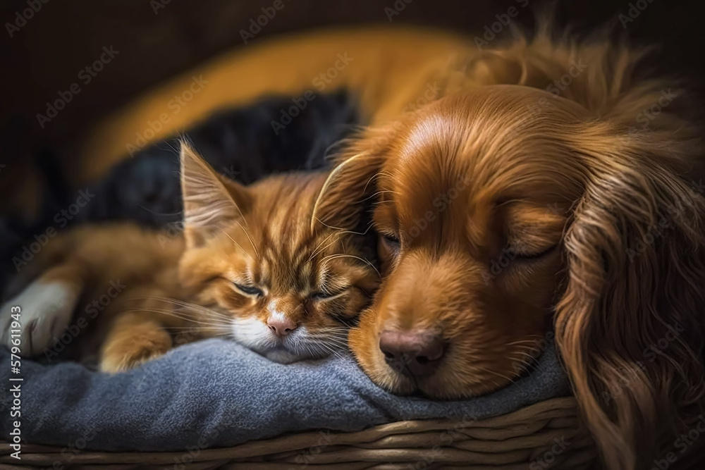 Cat and dog sleeping together. Generative AI	