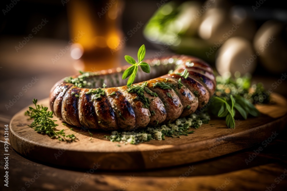 Delicious grilled sausage with herbs. Generative AI Delicious grilled sausage with herbs. Generative AI