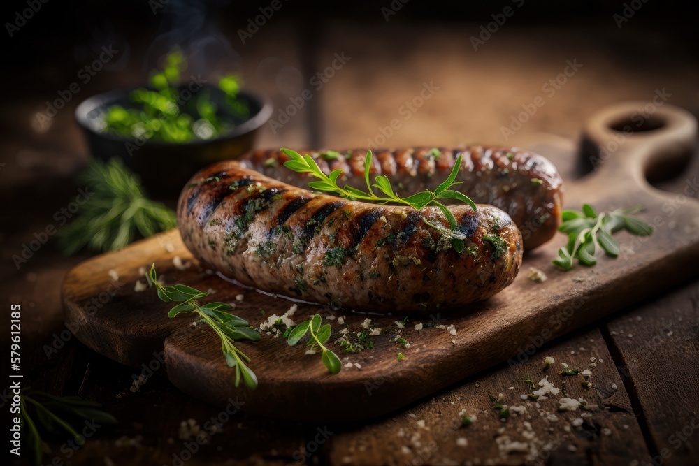 Delicious grilled sausage with herbs. Generative AI Delicious grilled sausage with herbs. Generative AI