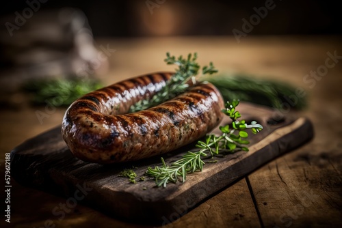 Delicious grilled sausage with herbs. Generative AI