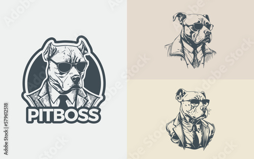 Illustrations Set of a Pitbull wearing a suit and glasses formed in a line art style in a vintage theme