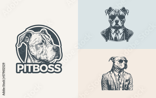 Illustrations Set of a Pitbull wearing a suit and glasses formed in a line art style in a vintage theme