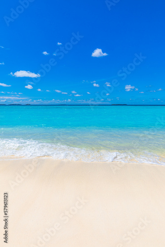 Sea sand sky beach closeup. Panoramic landscape. Inspire tropical beach coast seascape horizon. Horizon waves surf shore calmness tranquil relaxing sunlight summer mood. Vacation travel holiday banner