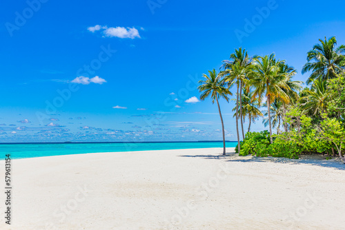 Beautiful amazing beach. Tropical shore background as summer landscape, white sand calm sea sky banner. Tranquil beach scene vacation and summer holiday concept. Dream sunny panoramic nature paradise