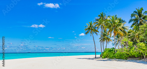 Beautiful amazing beach. Tropical shore background as summer landscape, white sand calm sea sky banner. Tranquil beach scene vacation and summer holiday concept. Dream sunny panoramic nature paradise © icemanphotos