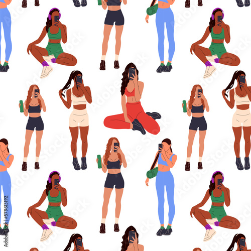 Seamless pattern with Sporty young Girls taking a selfie on smartphone.Fit woman in gym athletic clothing. Girl takes mirror selfie with a smartphone