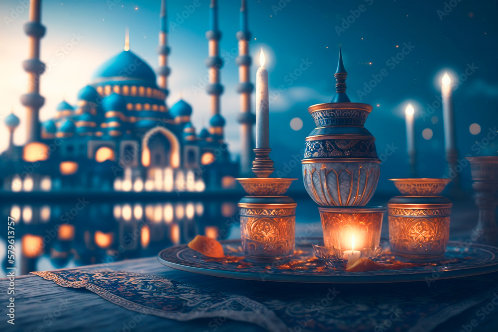 A blue moon and a candle holder with a blue mosque islamic background - obrazy, fototapety, plakaty 