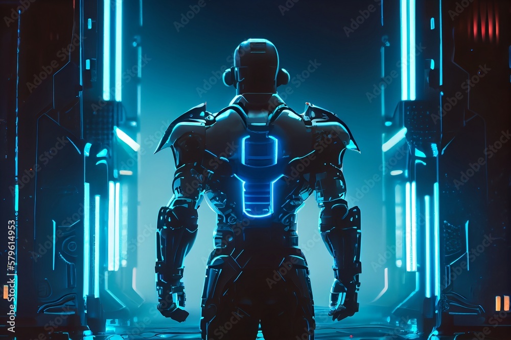 Sci-Fi Backdrop Illuminated by Blue Neon Light, Featuring Humanoid Robot Figures Standing with Their Backs Turned
