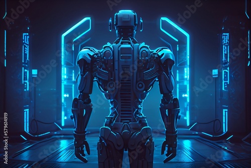 Sci-Fi Backdrop Illuminated by Blue Neon Light, Featuring Humanoid Robot Figures Standing with Their Backs Turned © Thares2020