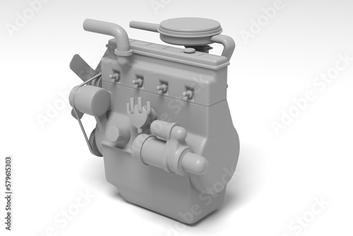 3d illustration. Old car straight inline engine