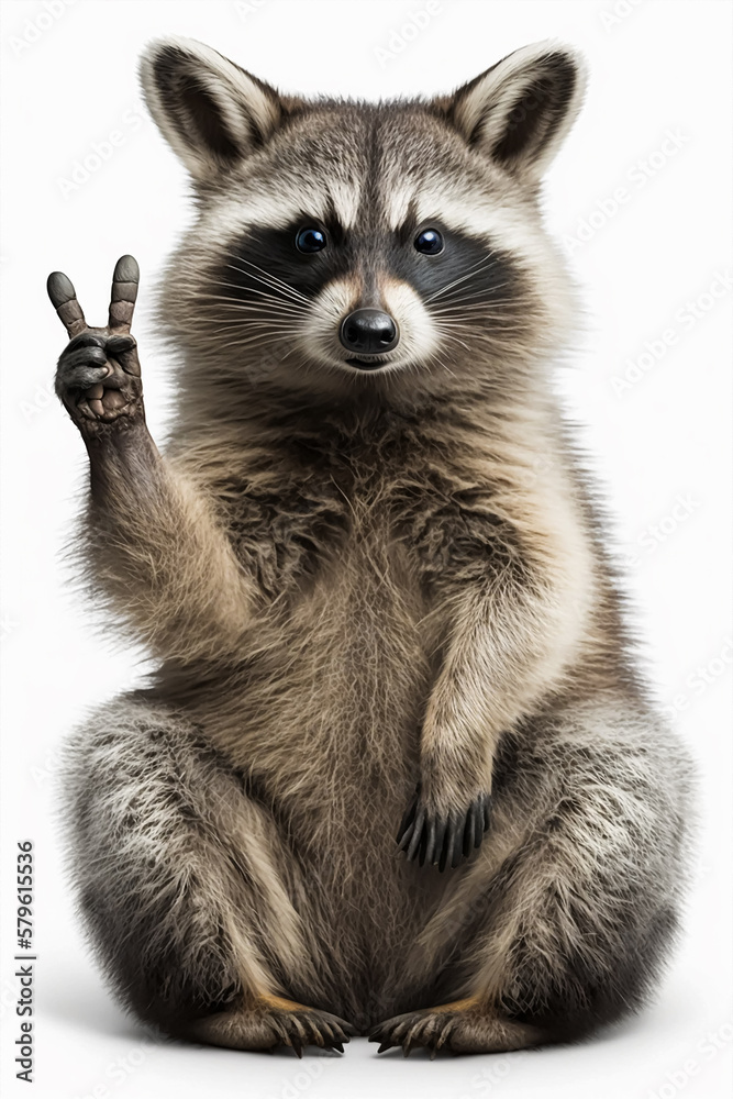 Funny raccoon, showing a sign peace. Generative AI