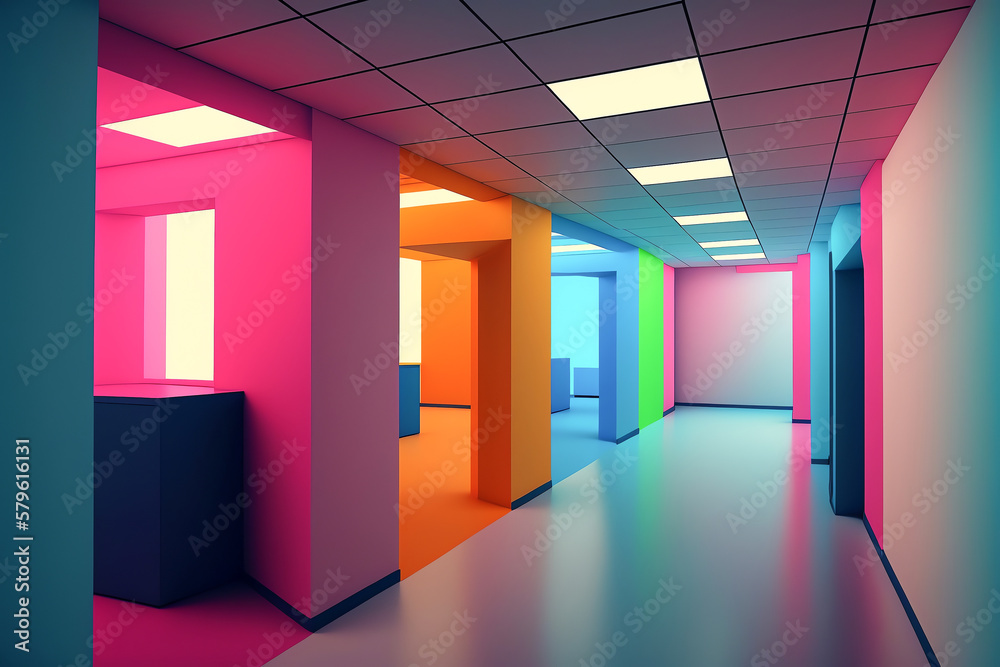 Empty big office interior. Modern spacious empty light hall room with big windows. ceramic tiles on the floor and lights. Generative AI Empty big office interior. Modern spacious empty light hall room with big windows. ceramic tiles on the floor and lights. Generative AI