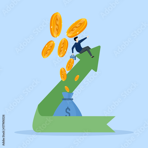 Income growth arrow concept, businessman rising growth arrow, banking services, management, return on investment, budget planning, retirement savings account, interest rates, fundraising.