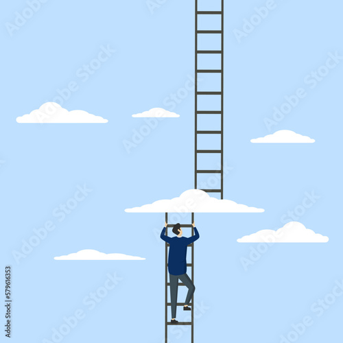 Concept of Going to the next level, entrepreneur climbing ladder to cloud level to reach next level, career development or business improvement achieve better quality, growth or growth concept.