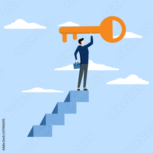 Keys to business success concept, winning businessman walking up ladder lifting golden key of success to sky, ladder to find secret key or achieve career target concept.