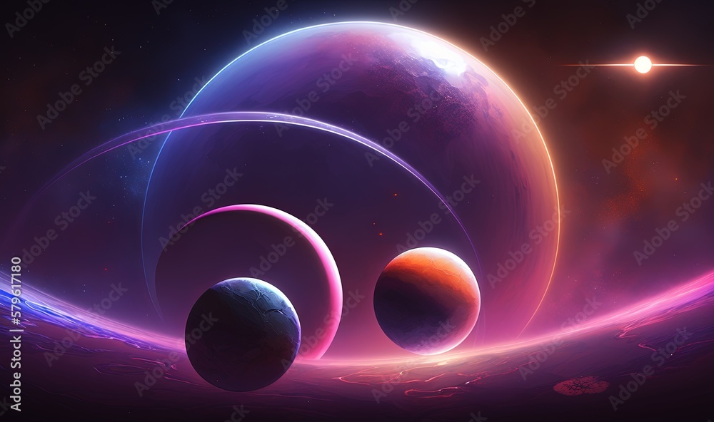  three planets in a space with a bright star in the background and a bright star in the middle of the image, with a bright blue and purple hued background.  generative ai