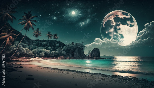 Beautiful fantasy tropical beach with Milky Way stars at night