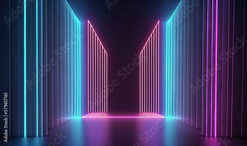  a dark room with neon lights and a long corridor leading to the exit to another room with no one in it or there is a light at the end of the room.  generative ai