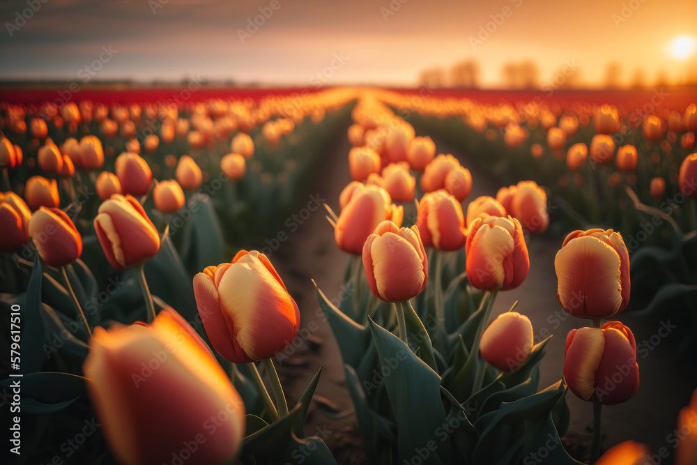 Vast and beautiful golden hour tulip field, Generative AI