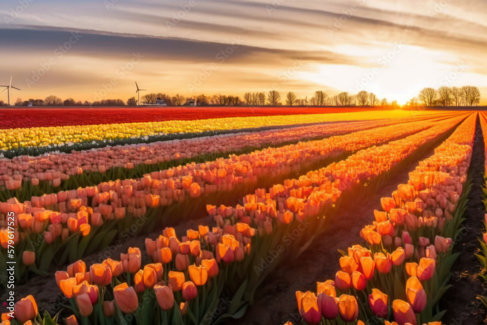 Tulip field and beautiful golden hour sky,  Generative AI