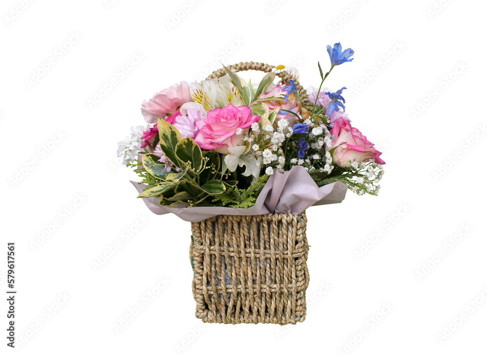 A basket of flowers on a white background.
