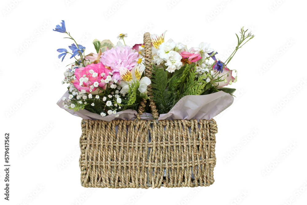 A basket of flowers on a white background.