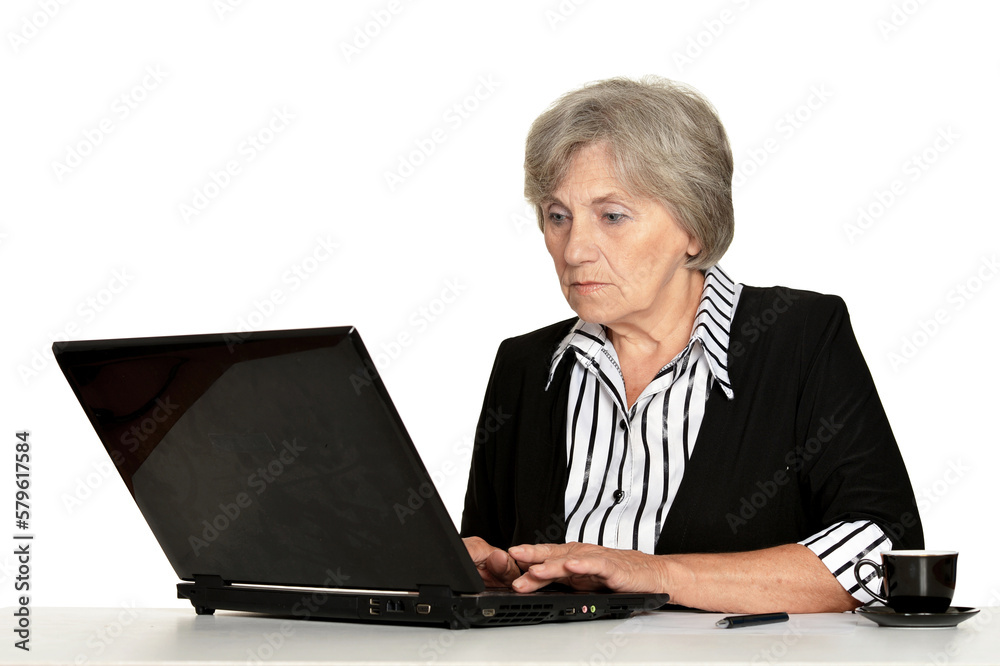 old woman working with laptop on white background old woman working with laptop on white background